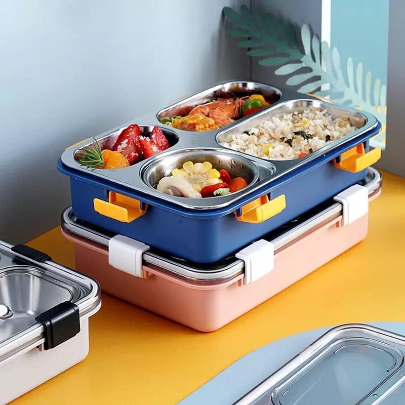 Image of Techno Buzz Deal Stainless Steel Lunch Box with 4 Compartments, Includes Chopsticks, Spoon and Fork