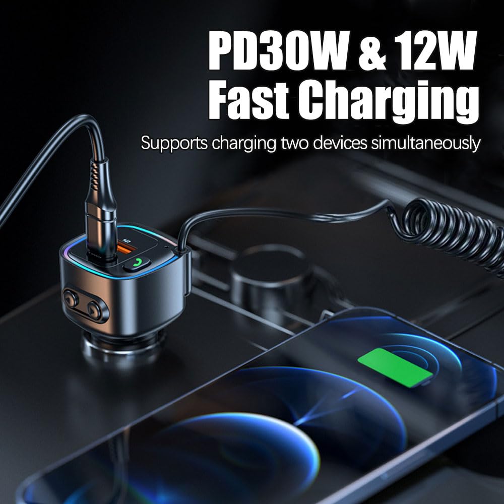 Bluetooth Adapter Auto Aux 5.4 FM, Transmitter Auto Bluetooth, USB C Adapters Autos Zigarettenanzünder mit Spiralkabel Klinke 3.5mm, AutoLadegerät 42W (PD 30W&QC 12W)