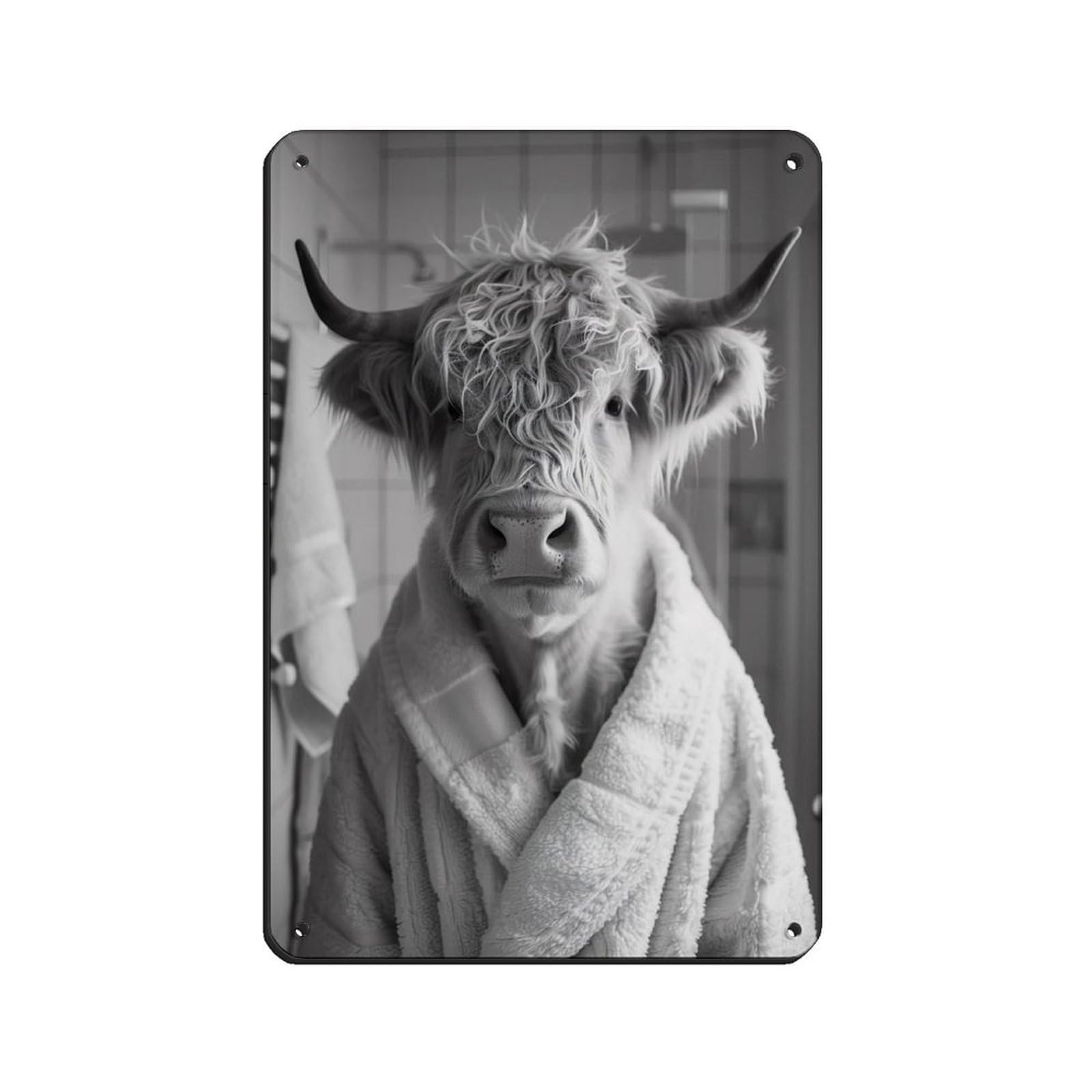Highland Cow in A Bathrobe, Funny Bathroom Art (4) Retro Poster Metal Tin Sign Chic Art Retro Iron Painting Bar People Cave Cafe Family Garage Poster Wall Decoration 8x12inch(20x30cm)