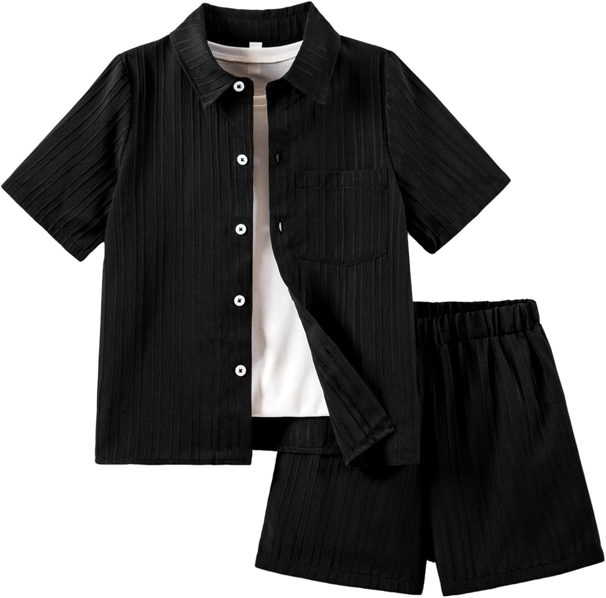 Boys 2 Piece Summer Outfits Textured Button Down Short Sleeve Shirt and Elastic Waisted Shorts Sets 3-14Y