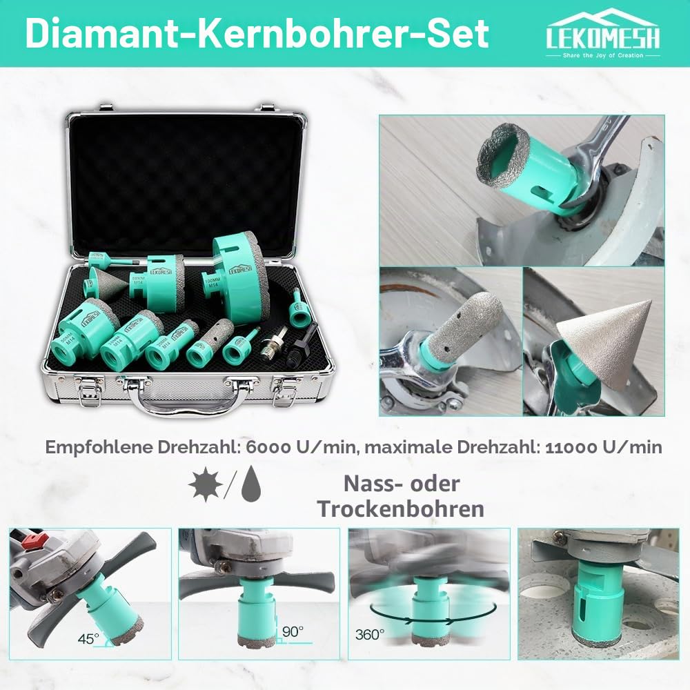 Diamant Fliesenbohrer Bohrkrone Kit - 12pcs (6/6/8/20/35/50/68/100mm+20mm Diamant Fingerfräser+50mm Fasenfräser+SDS/HEX Adapter) Für Porzellan Keramik Fliesen Marmor Granit, M14-Gewinde