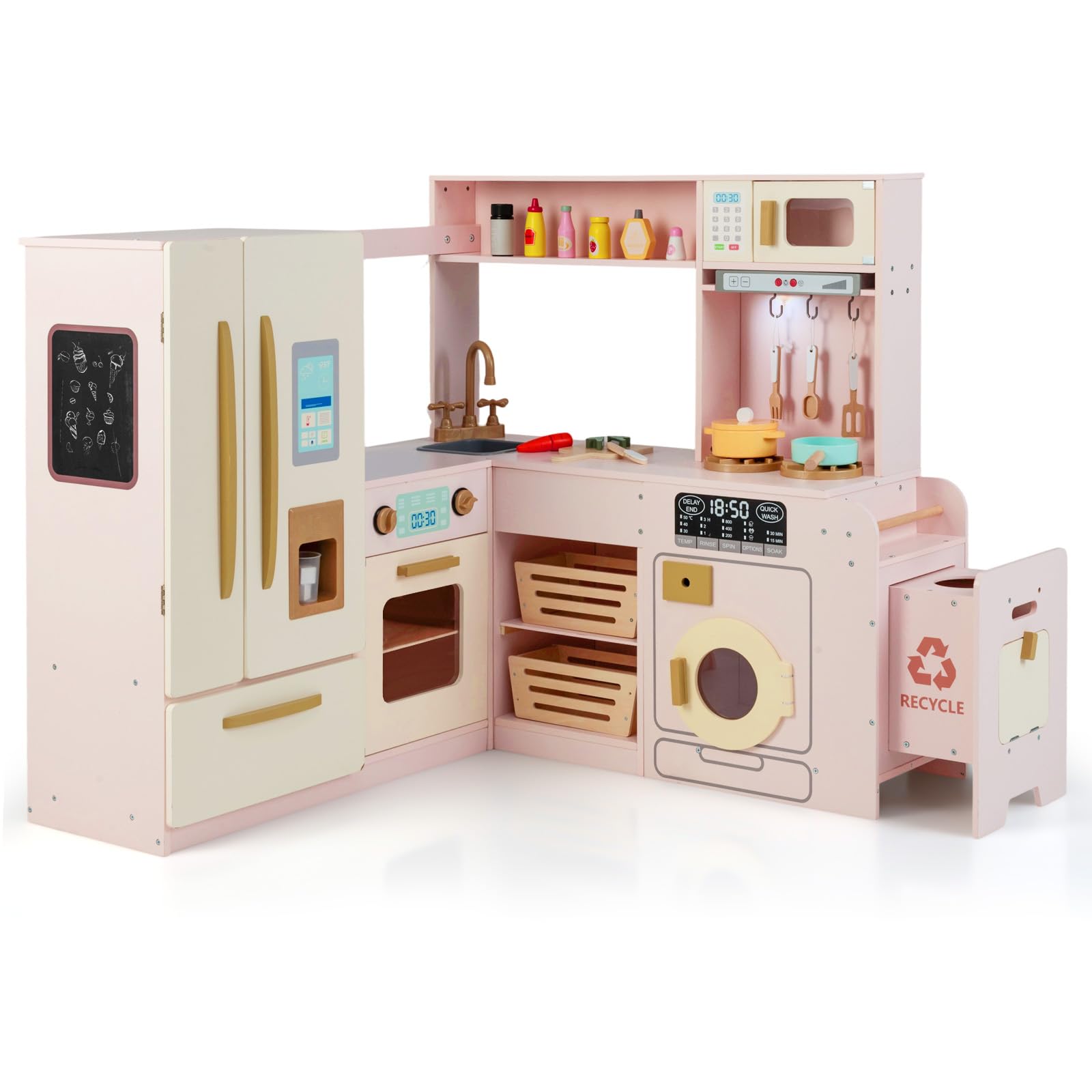 COSTWAY Kinderküche mit Licht und Sound, Eck-Spielküche Holz mit Mülleimer, Doppeltür-Kühlschrank, Spüle, Waschmaschine, Mikrowelle & 22 Zubehörteilen, Holzküche für Kinder ab 3 Jahren (Rosa)