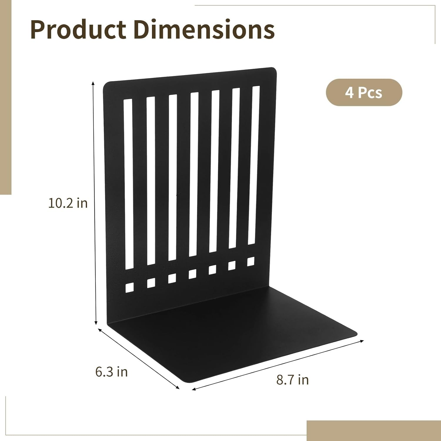4 Pcs Heavy Duty Bookends, 10 Inch Metal Book Ends for Heavy Books with Non-Skid Base, Black Decorative Vertical Hollow Book Stopper for Shelves, Large Desktop Organizer, Records Binders