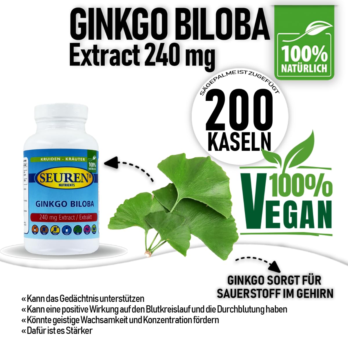 Seuren Nutrients | Ginkgo Biloba 12000 mg 200 Kapseln | Hochdosierte Ginkgo Biloba 240 mg Extrakt Kapseln | Frei Von Allergenen und für Vegetarier und Veganer Geeignet |