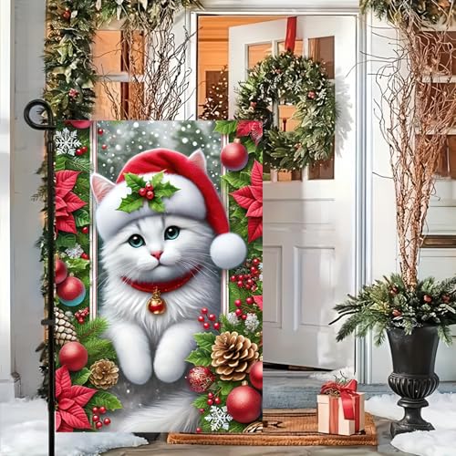 Image of BlissYard Garden Flag Cat Red Hat Winter 12x18 Inch Polyester