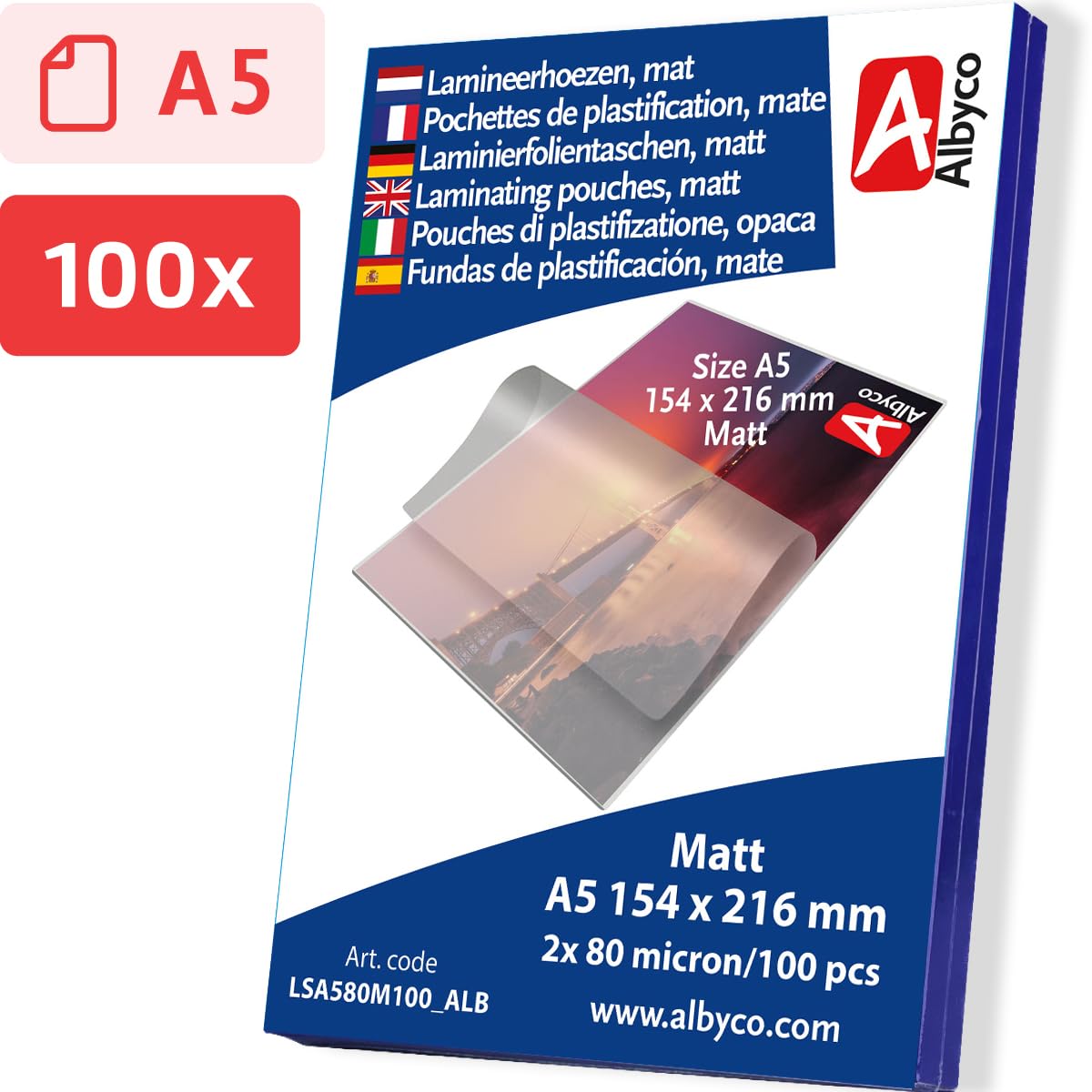 Albyco Buste per Laminazione Opaca A5 154x216 mm 160 Microns 100 Pezzi