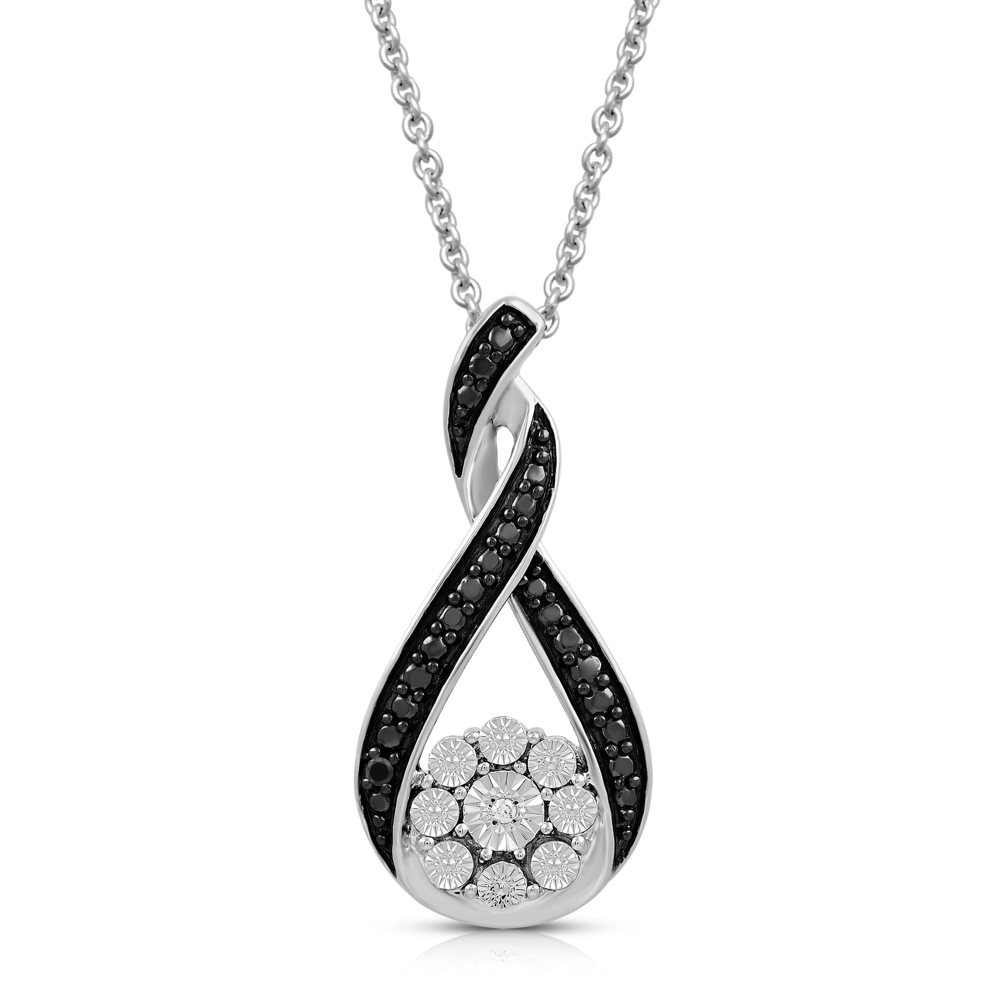 Jewelili Sterling Silver Treated Black and Natural White Round Cut Diamond Accent Twisted Pendant Necklace, 18" Rolo Chain