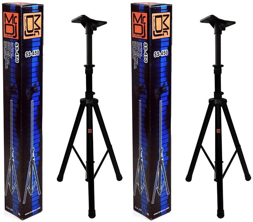 2 MR DJ SS450B Universal Black Heavy Duty Folding Tripod PRO PA DJ Home On Stage Speaker Stand Mount Holder with Mounting Plate