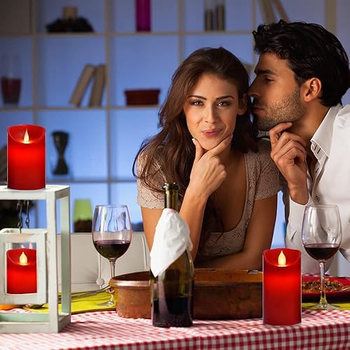 Miniatura 4 de Velas parpadeantes sin llama paquete de 3 velas de pilar de cera real roja, vela LED eléctrica con control remoto de 10 teclas y temporizador de 24