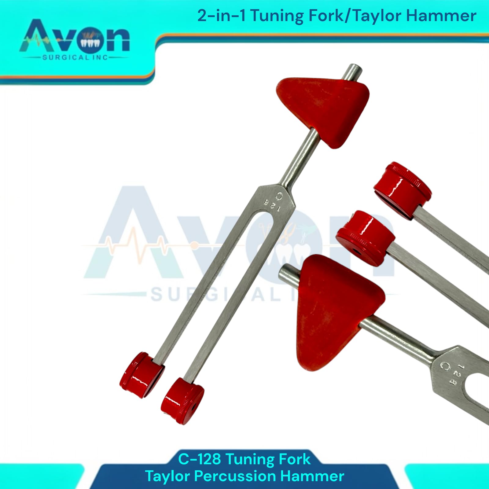 Examination Percussion Reflex Taylor Hammer Tuning Fork, 2-in-1, C-128 Tuning Fork + Taylor Reflex Hammer Head (Red) - Reflex Testing Neuro Tools