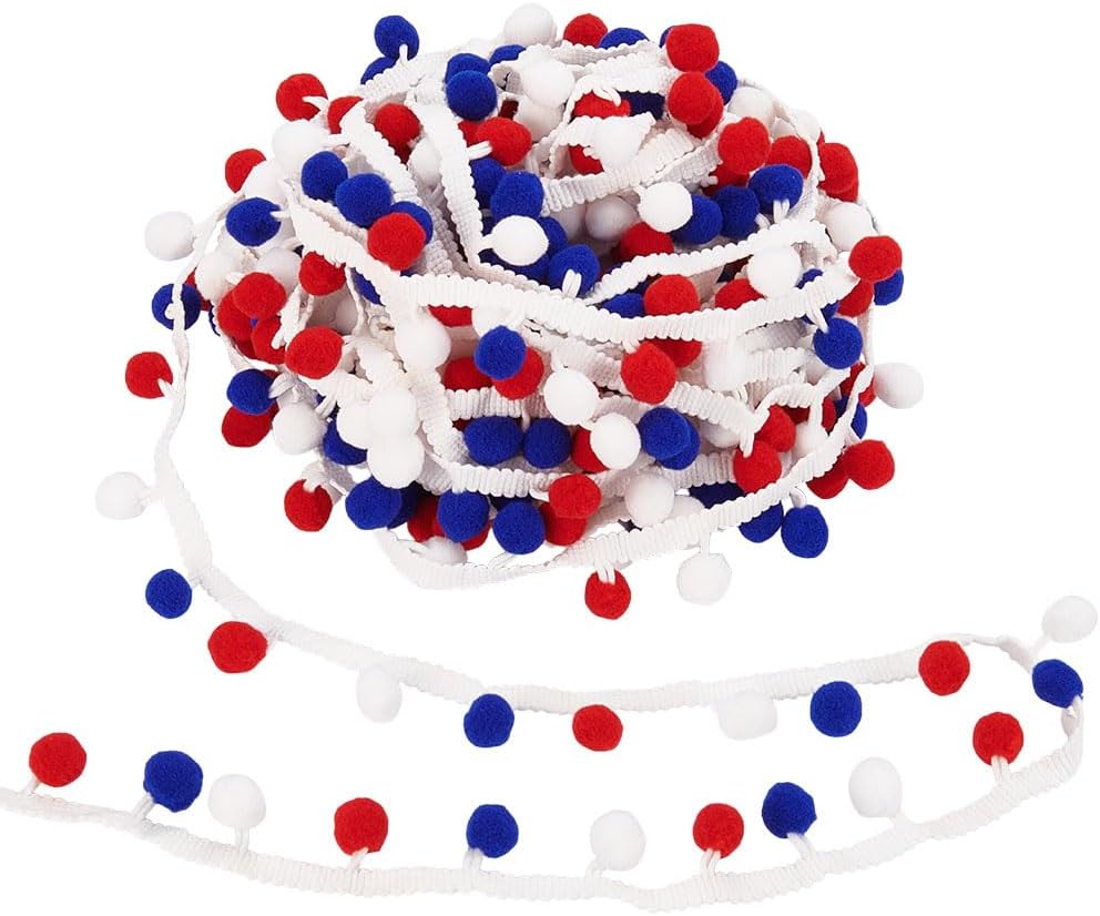 PH PandaHall 10 Yards July 4th Ball Fringe Trim 1.1" Patriotic Pom Pom Ribbon Sewing Lace for Clothing Dress Sewing Accessories Colorful Independence Day Craft Decoration(Red, White, Blue)