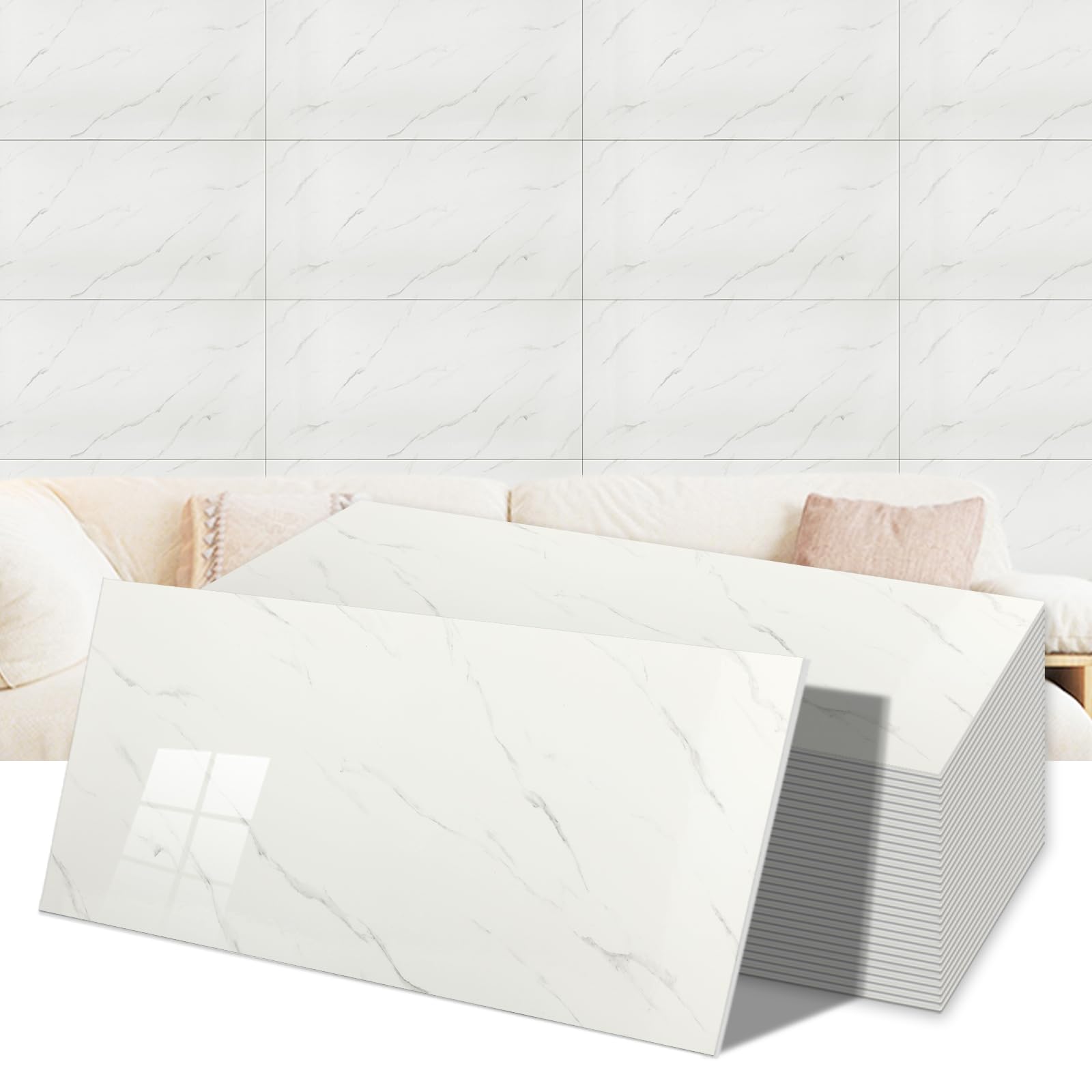 40 Stück Marmor Selbstklebende Fliesen, Klebefliesen Küche, Weiß Fliesenaufkleber bad 30x60cm für Küche Küchenrückwand Esszimmer Badezimmer Fliesenfolie Deko