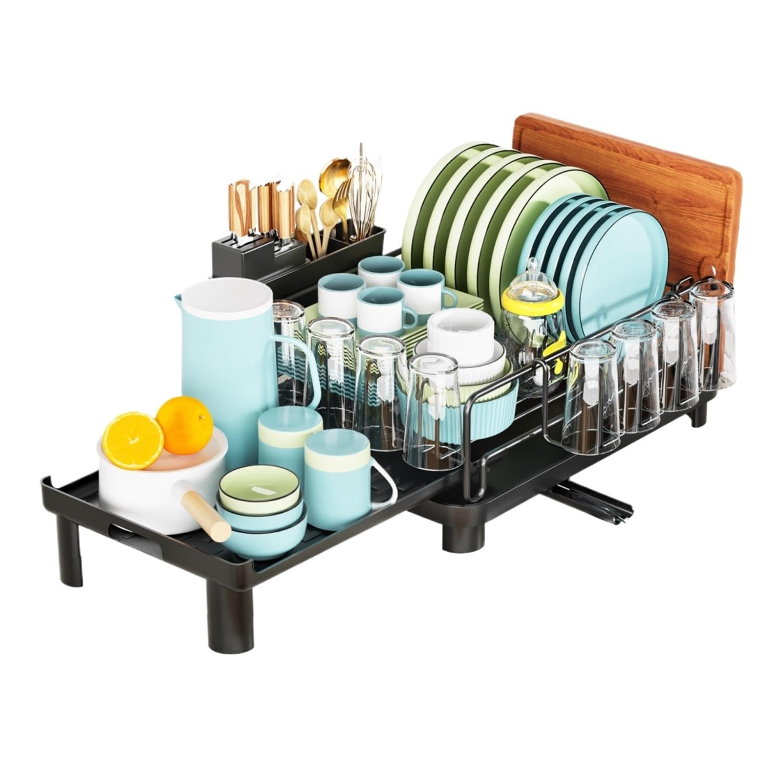 GENTERUN Dish Drainers Dish Drying Rack With Drain Tray Scalable Utensil Holder For Kitchen Counter