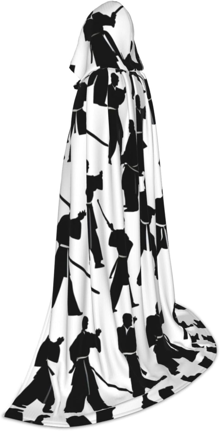 Silhouettes of Martial Arts print Wizard Hooded Robe Medieval Cape Renaissance Cloak for Men Women Halloween Costume