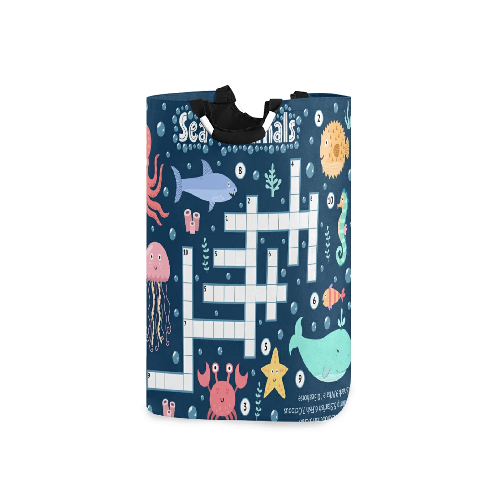 Crossword Game Of Whale Crabs Octus Laundry Basket Collapsible Large Clothes Hamper Nursery Storage Bin with Handle for Kids Room Bedroom Dorm Bathroom