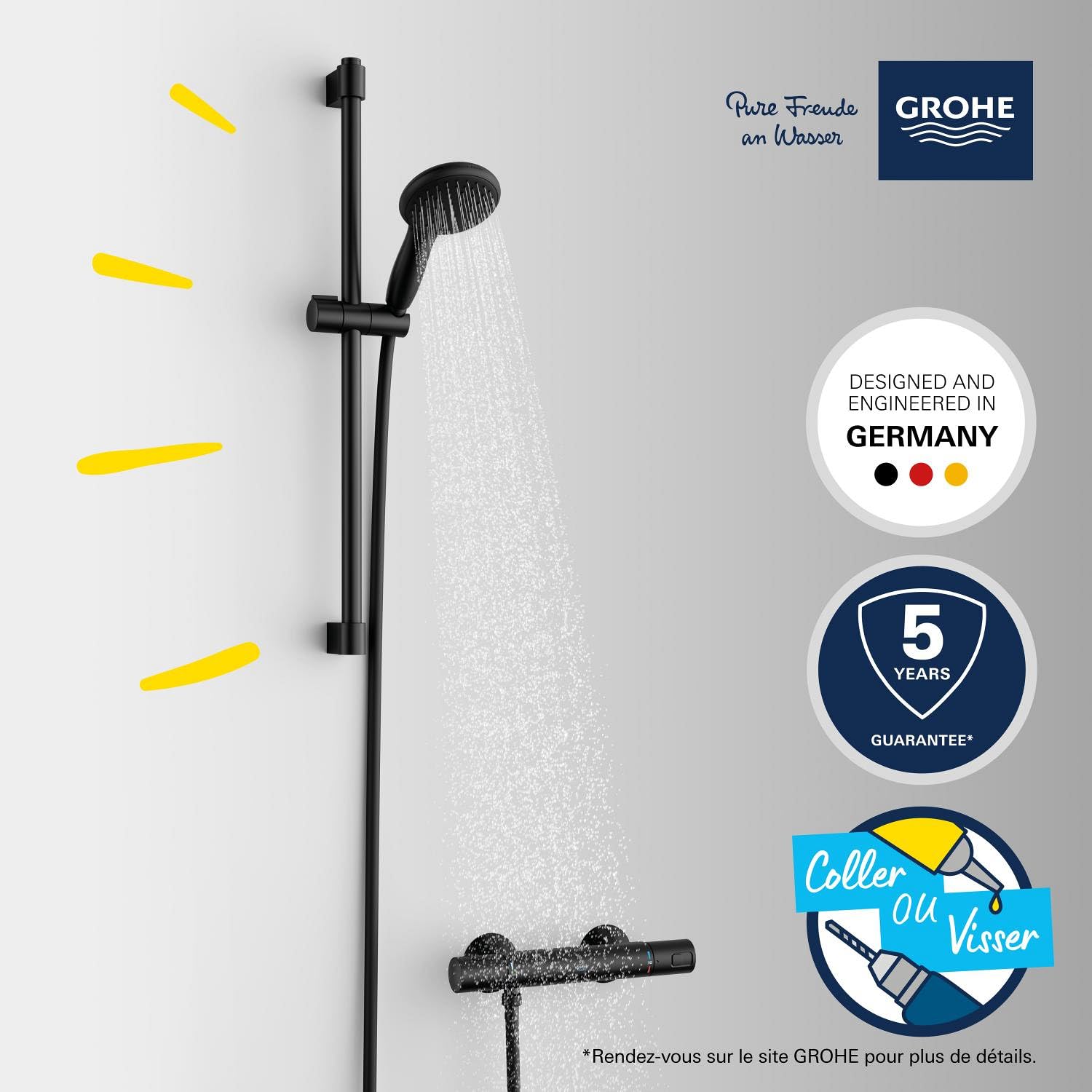 GROHE Precision Start, Ensemble Douche avec Thermostatique (Pommeau Rond 11cm 1 jet, Flexible 1.75m et Barre 60cm à coller avec GROHE QuickGlue ou à visser), Economie d'Eau, Noir Mat, 345972431