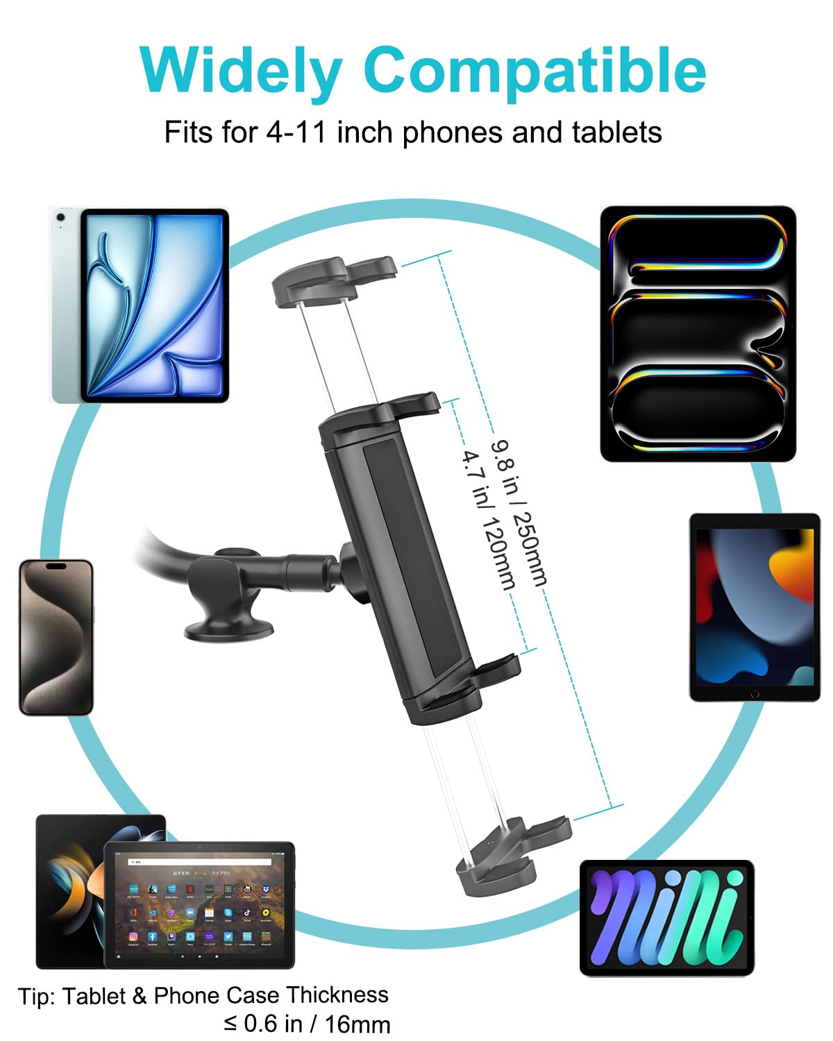 Uchwyt na tablet z łabędzią szyją, uniwersalny uchwyt na przednią szybę, uchwyt na tablet ciężarówkę, super przyssawka stojak do iPada Pro 12,9 Air Mini, Galaxy Tab, iPhone, 4-13" tabletów i