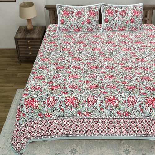 Image of Living Roots Jaipuri Hand Block Print Double Cotton Bedsheet & 2 Pillow Covers, for Mattress Upto 8 inches Thick, No Colour Bleeding, Pink Colour, Super King Size 96 * 104 inches, 150TC (580-B)