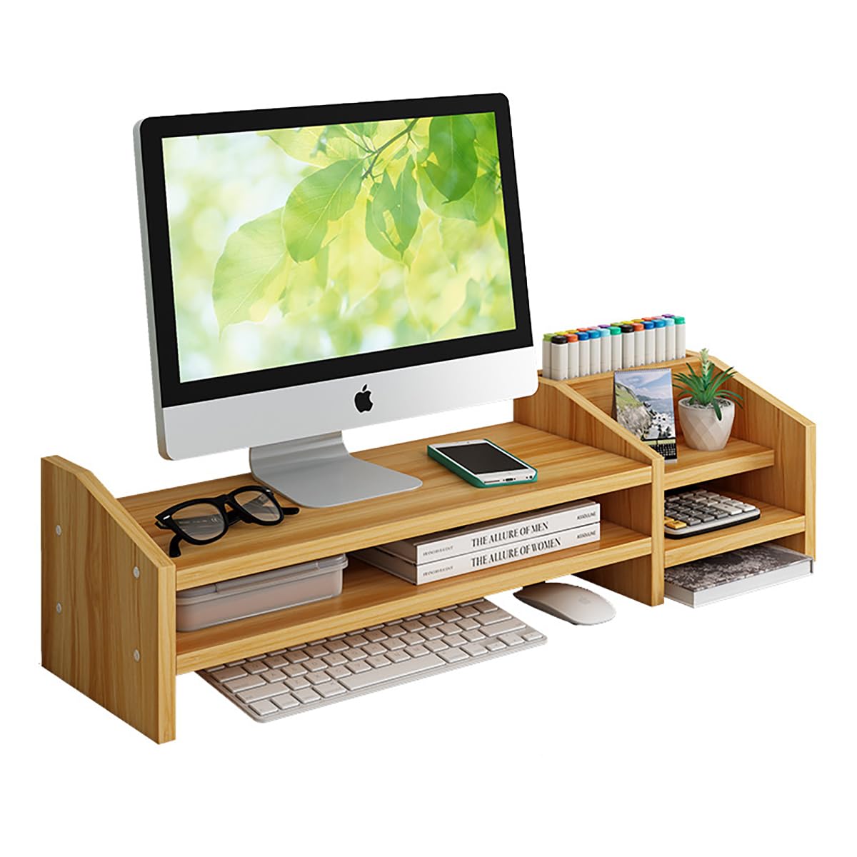 ALMEKAQUZ Monitor Stand Riser,2-Tier,Wood Computer Desk Organizer with Storage,With Pen Holder,Laptop Computer Monitor Riser for PC Screen, iMac (Wood Color)