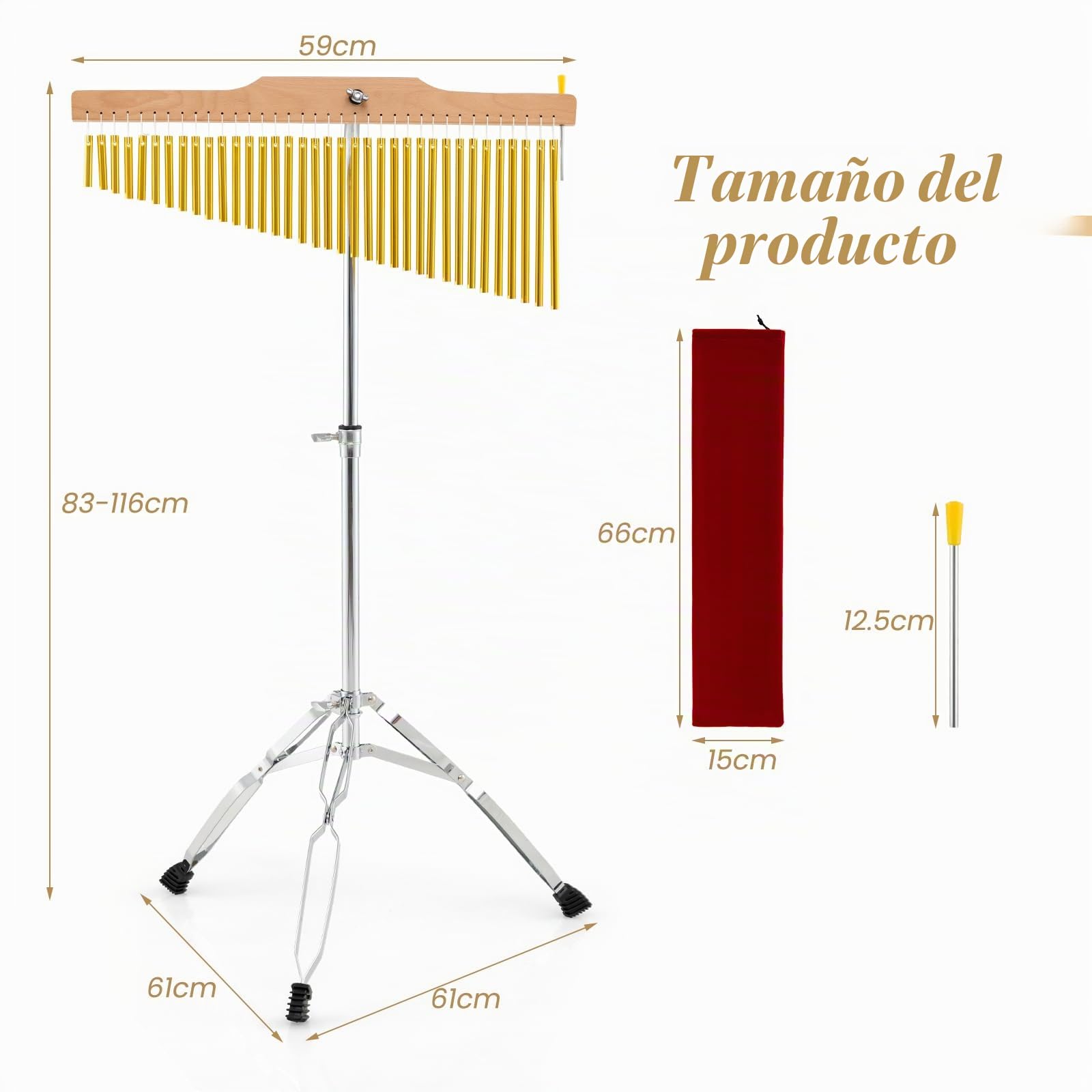 KOMFOTTEU Carillón de Viento de 36 Barras, Campana Musical de Aluminio con Trípode Ajustable, Campana Tubular con Palo y Bolsa de Transporte, Instrumento de Percusión, Bar Chimes para Principiantes