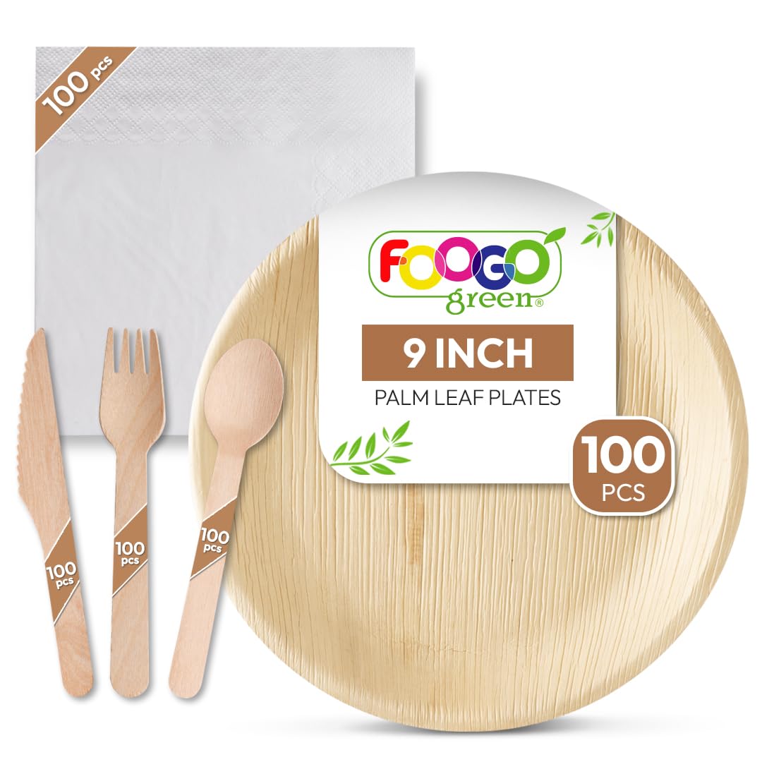 FOOGO Green 500pcs Disposable Palm Leaf Plates, Wooden Cutlery Set and White Napkins, FSC® Certified, 100x Large Round Plates, 100x Forks, 100x Knives, 100xSpoons, 100xWhite Napkins, Eco Biodegradable — image 1