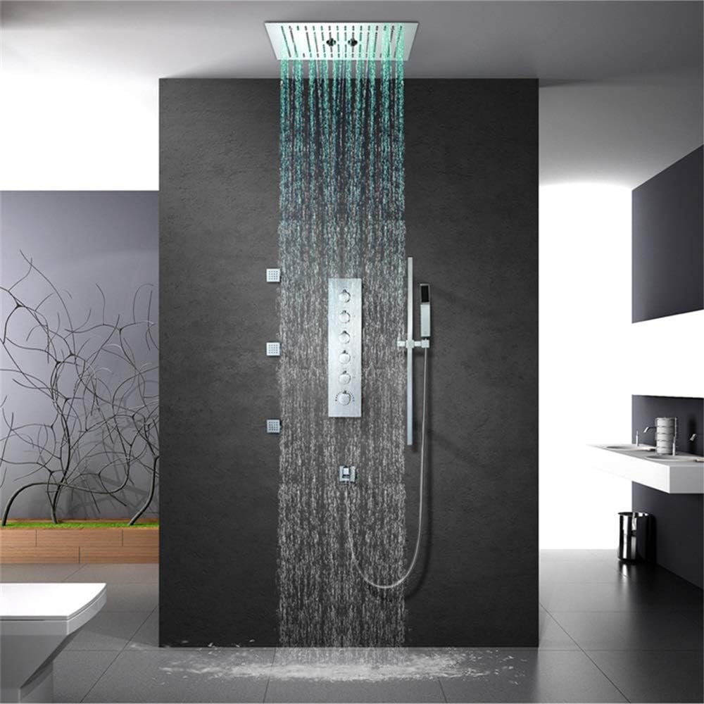 Zhengtufuzhuang Thermostatic Shower Set Copper Shower Faucet Lifting Rod Remote Control Silver LED4040cm Canopy Top Shower System Into The Wall Handheld Adjustable