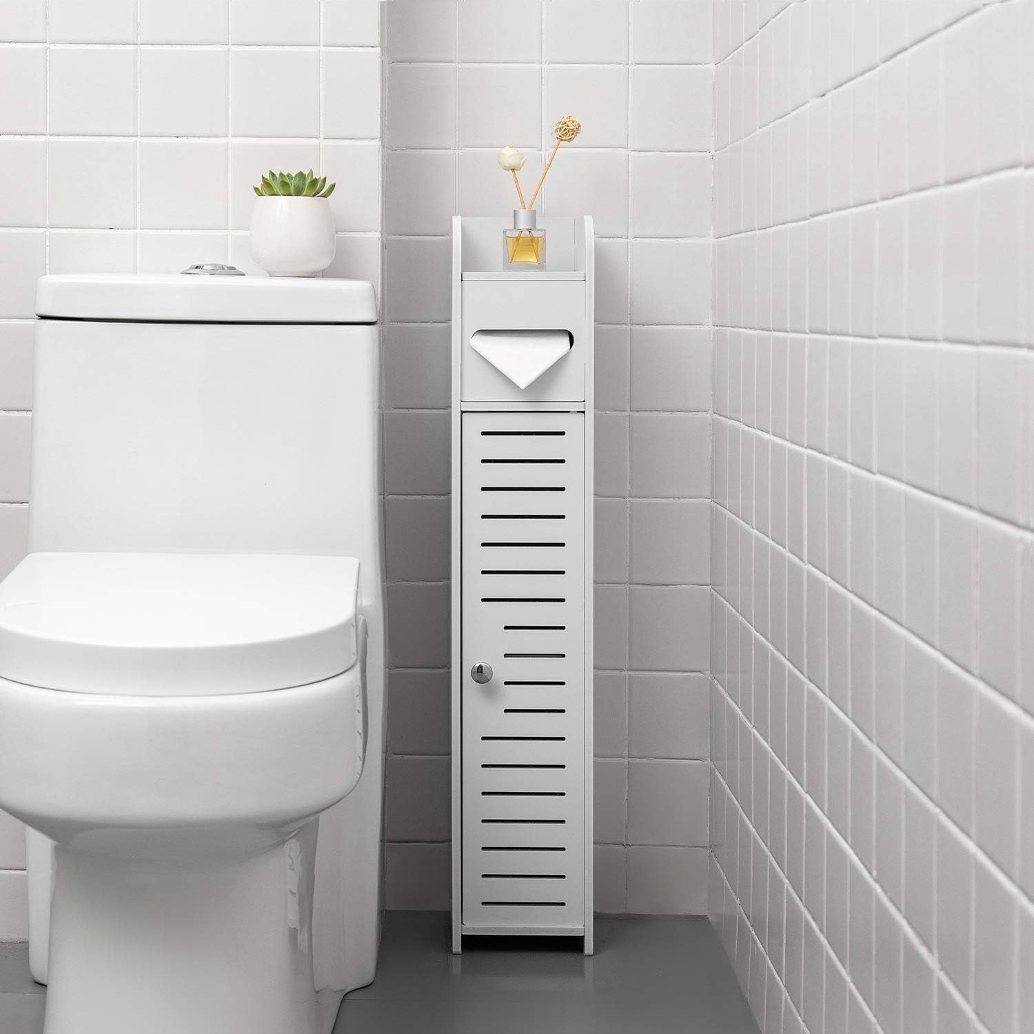 Toilet Paper Holder Stand,Slim Bathroom Storage Cabinet for Small Spaces,Standing Toilet Paper Holder Narrow Storage Cabinet for Half Bathroom,Little Shelf for Small Bedroom,White by TuoxinEM : Tools & Home Improvement