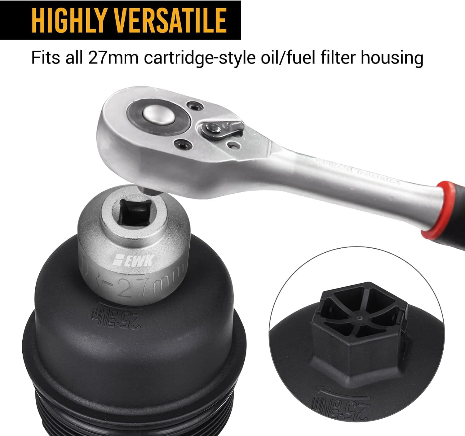 EWK 27mm Low Profile Oil Filter Socket, Fuel Filter Cap Removal Tool for Ford, Mercedes Benz, BMW, Mini, Citroen