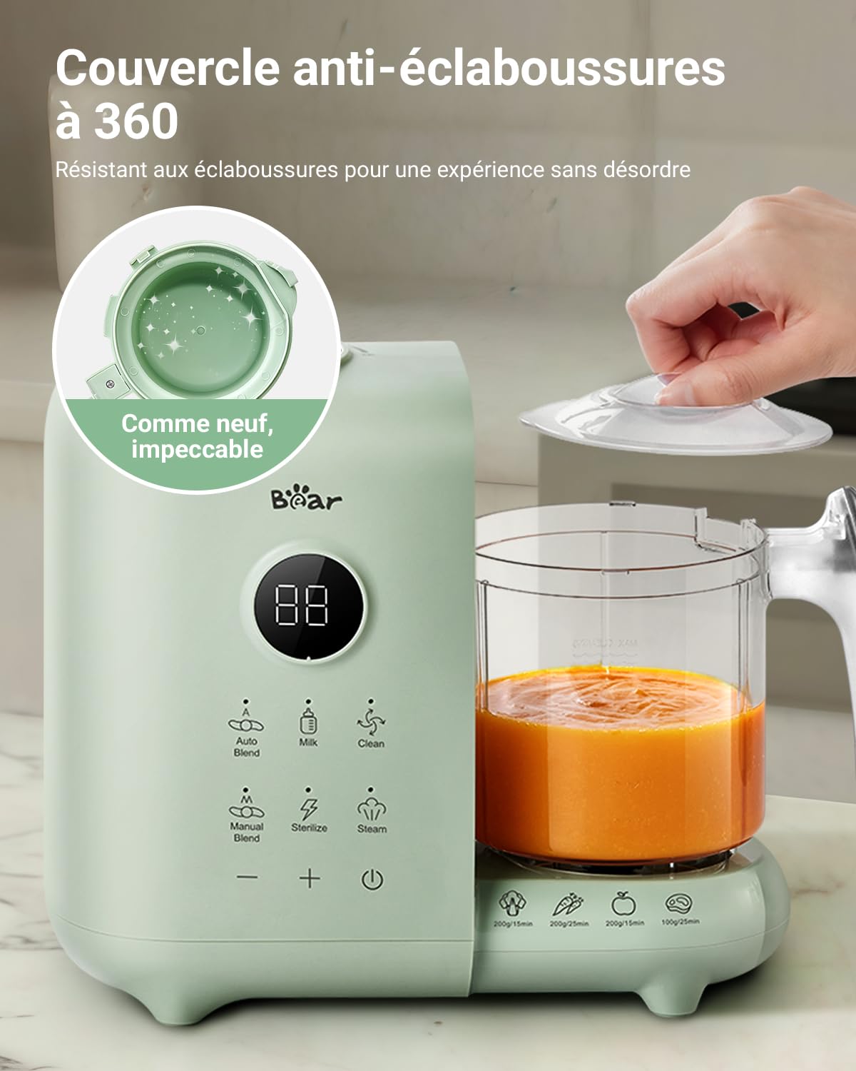 Bear Robot Cuiseur Mixeur Bébé avec Panier Vapeur 500ml,Robot Cuiseur Bebe Multifonctions Automatique Pour Purées Maison Sain,Désinfection,Fonction De Nettoyage Automatique,Sans BPA