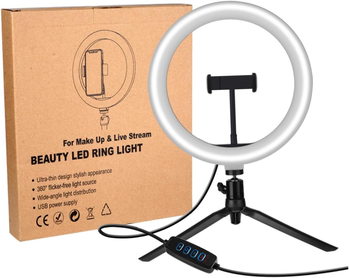 Fill Light Phone Holder Stand with 10-inch USB Dimmable Tri-Color LED Ring Light, Remote, Adjustable Metal Tripod for Live Streaming and Selfie Photography, Black