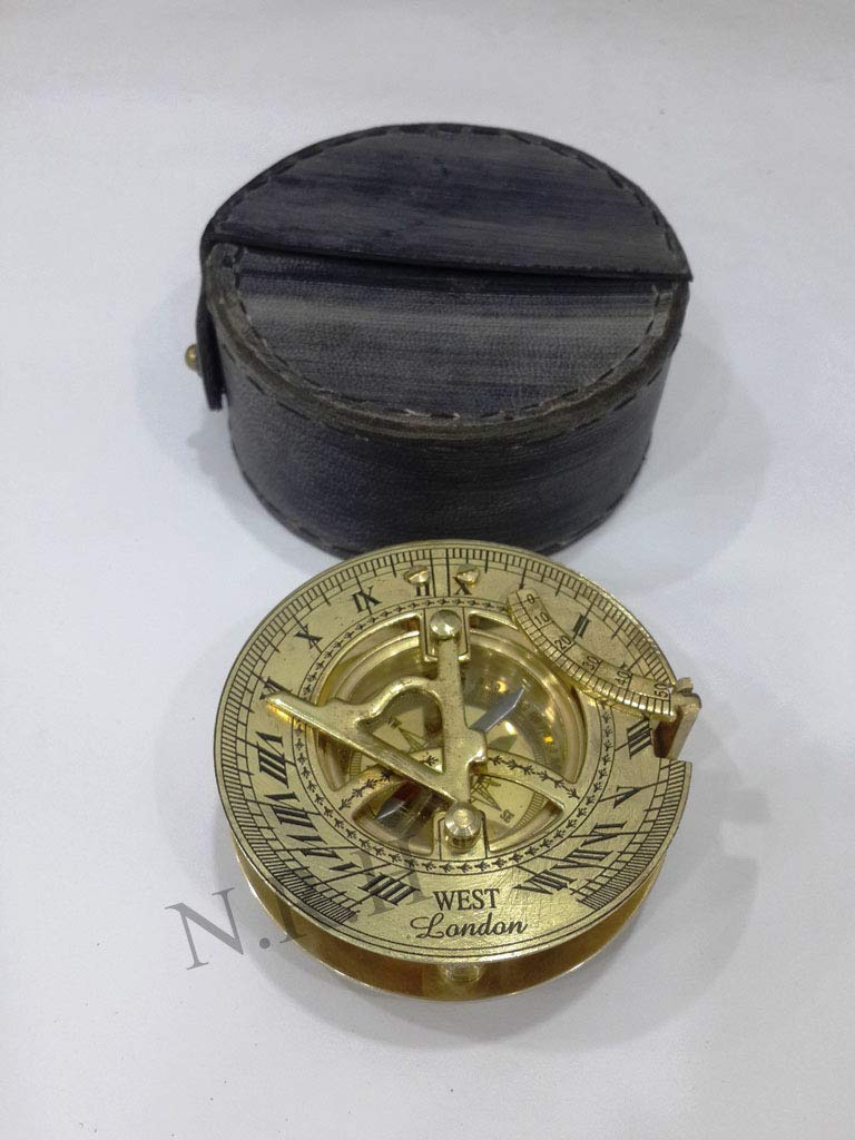 Bussola nautica in ottone con meridiana, completamente funzionale, con custodia in pelle nera
