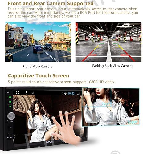 Eincar car stereo showing front and rear camera views and capacitive touch screen