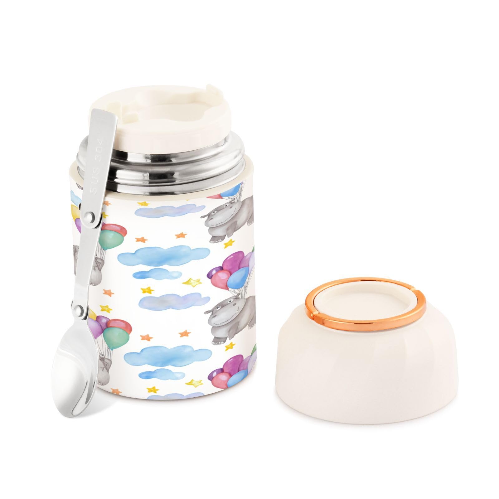 Tarro de comida aislado al vacío de acero inoxidable Cute Hipopos de 500 ml con cuchara