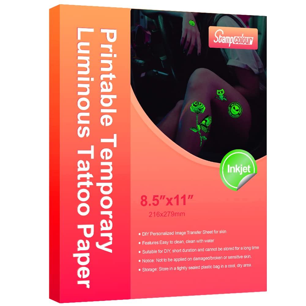 Stampcolour Christmas Realistic Printable Temporary Luminous Tattoo Paper for INKJET printer, 8.5''X11'' 10 Sheets DIY Personalized Glow Tattoos Sticker Skin Custom Cartoon kids Summer Party Themed