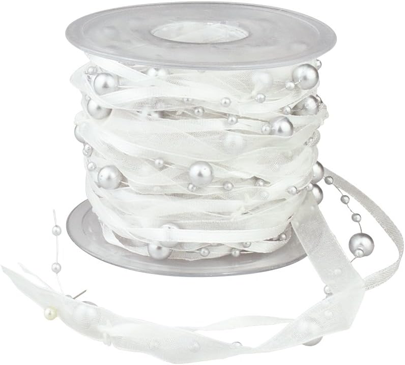 Fowod 3 Strings Beaded Ribbon, Tree Garland, Satin Ribbon and Organza Wired Ribbon, 33 Feet,Silver