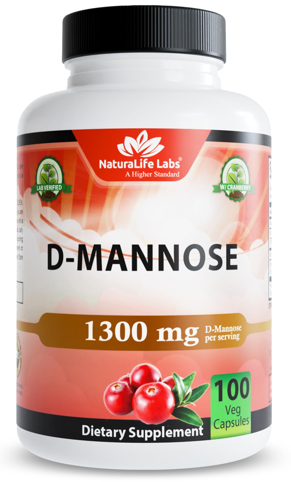 NaturaLife Labs Organic D-Mannose 1300mg + Organic Cranberry Extract 100mg per Serving – Urinary Tract Support – Non-GMO, Gluten-Free & Vegan – 100 Capsules