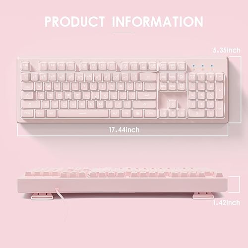 Miniatura 5 de Basaltech Teclado rosa con retroiluminación LED de 7 colores, 104 teclas silenciosas y silenciosas, teclado para juegos barato de 19 teclas