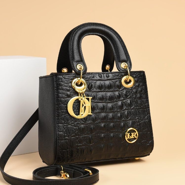 Image of Diva Dale Black Crocodile Embossed Satchel Bag with Gold-Tone Hardware