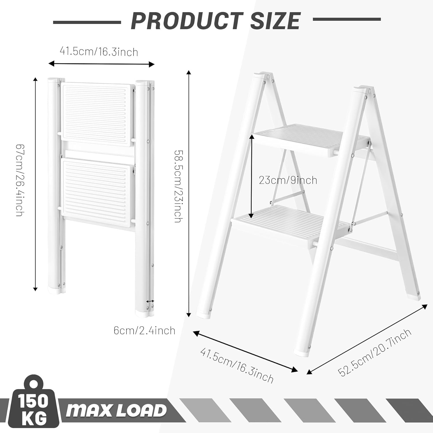 Step Ladder, Folding 2 Step Stool with Wider Anti-slip Pedal, Portable Lightweight Ladder for Home Kitchen Office 150KG Max Loader