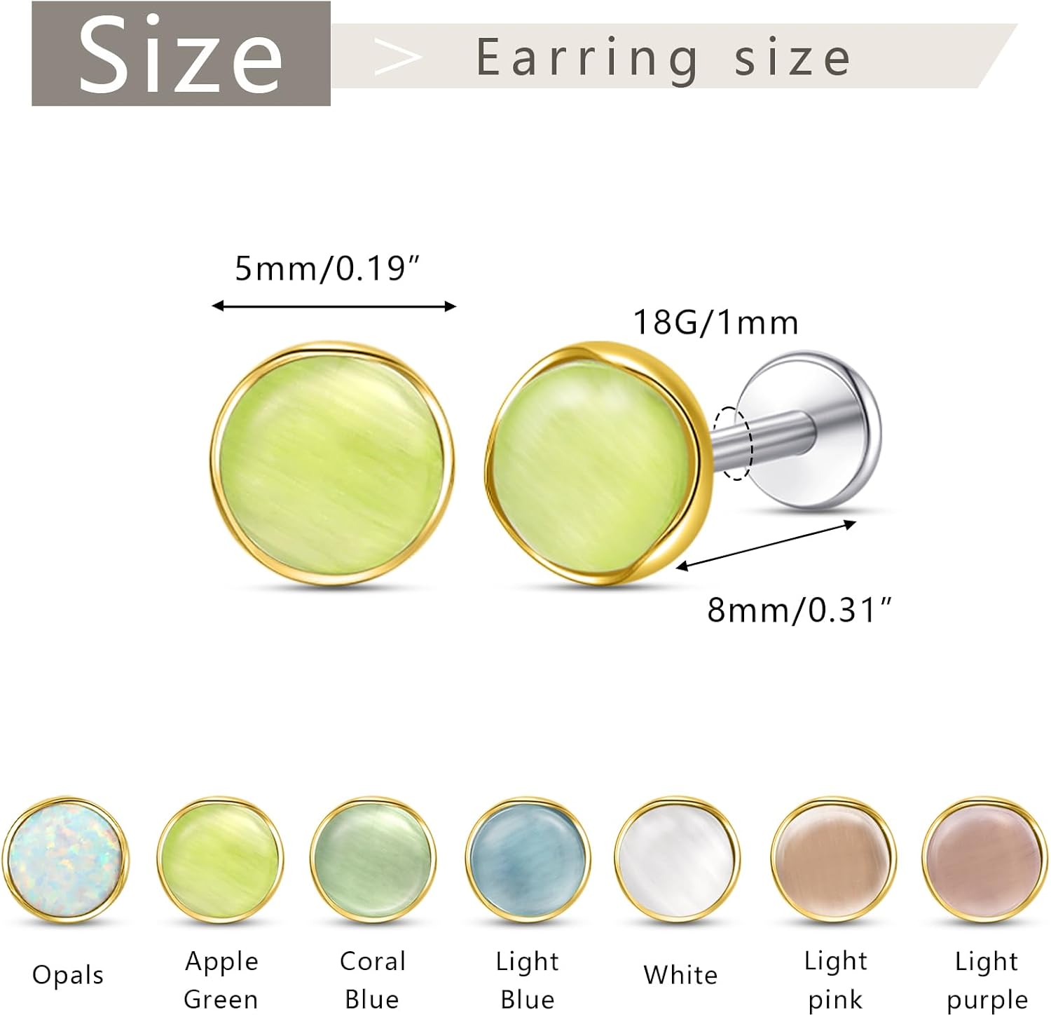 Limerencia Hypoallergenic Earrings for Sensitive Ears - G23 Titanium Round Cat's Eye Flat Back Stud Earrings, Cartilage 5mm Stone Pierced Earrings for Women Men Gift - Image 6