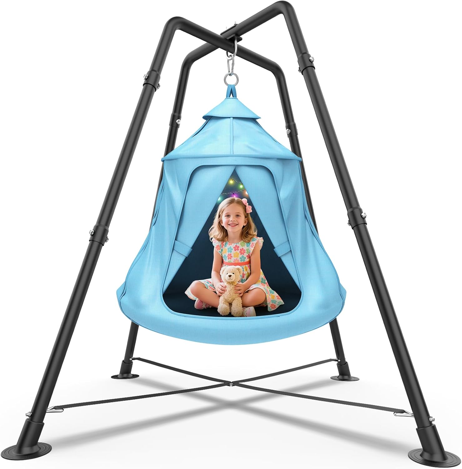 Swing Set with Tent Swing, Hanging Tree Tent w/Swing Frame, X-Shaped Swing Stand with Tent Swing, Tent Swing Chair, 330 lbs, w/Rainbow Lights String, Indoor Outdoor Use (Light Blue)
