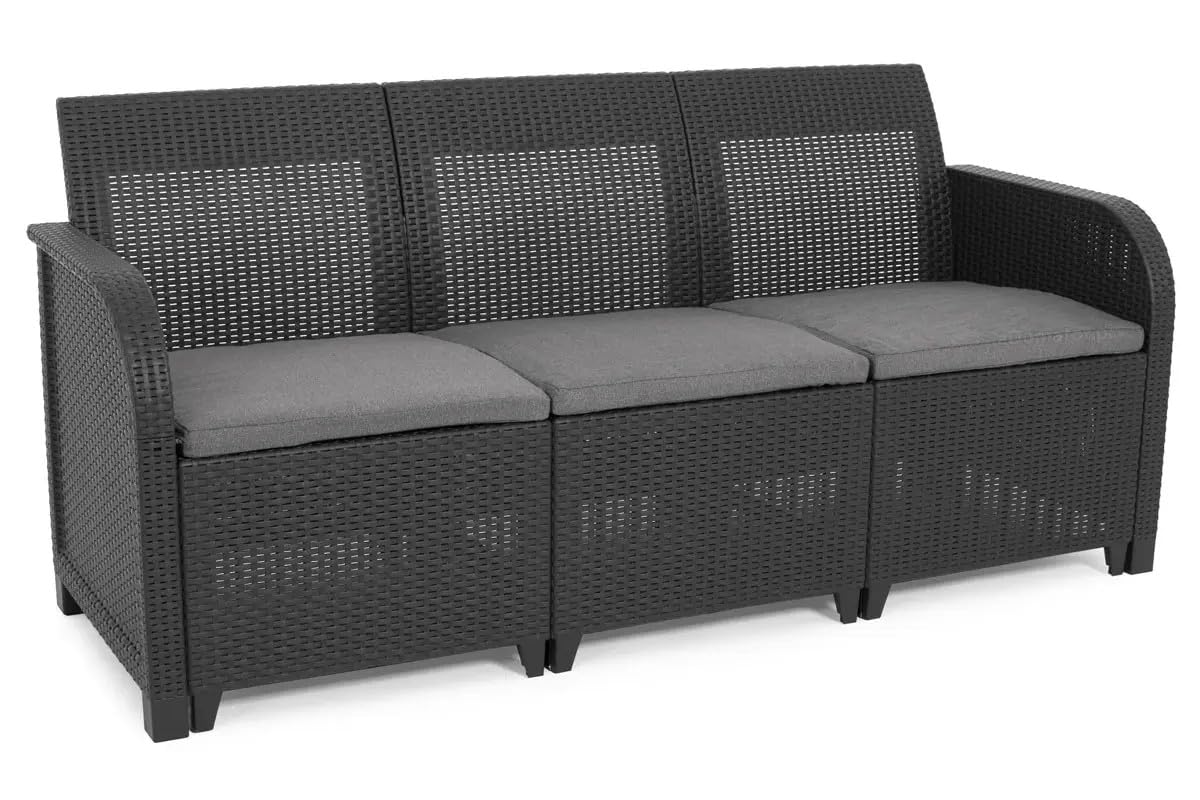 Keter - Conjunto de Jardín Sanremo con Dos sillones y sofá de 3 plazas con Mesa Auxiliar, Resina imitación ratán Trenzado.