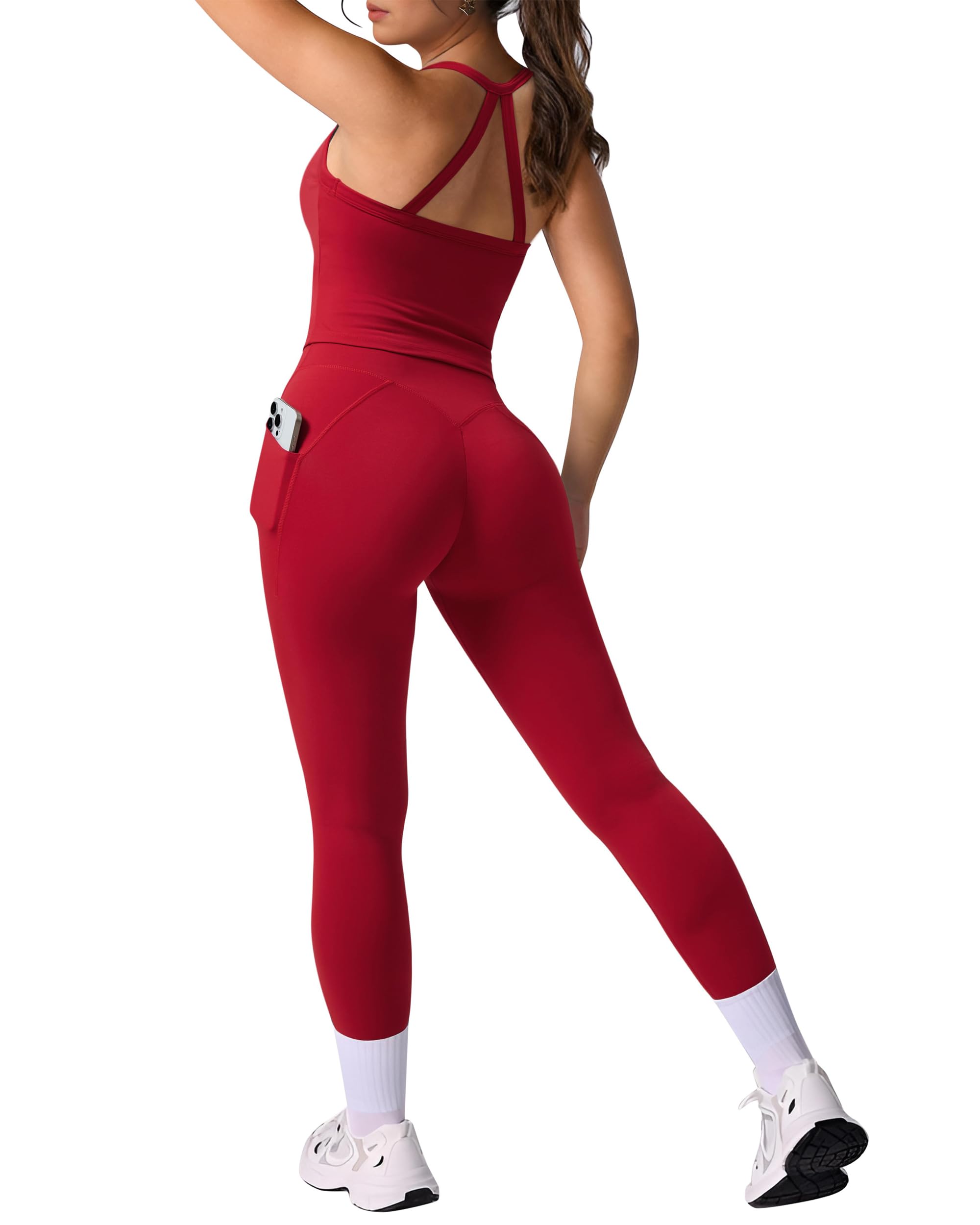 DOULAFASS Conjunto de camiseta deportiva para mujer, con espalda descubierta, leggings de levantamiento de glúteos, juego de entrenamiento de dos piezas con bolsillos