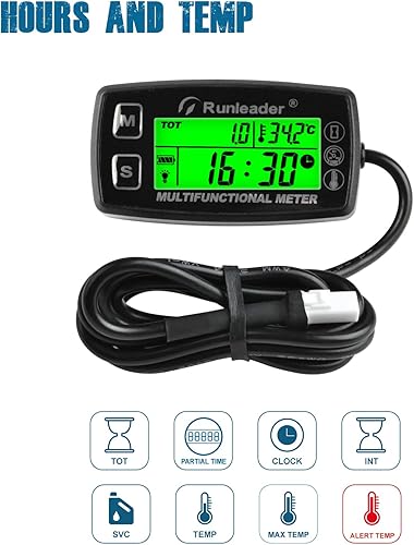 Miniatura 2 de Runleader Medidor digital de hora de tacón, medidor de temperatura de aceite de agua del motor, RPM y temperatura, pantalla de retroiluminación para