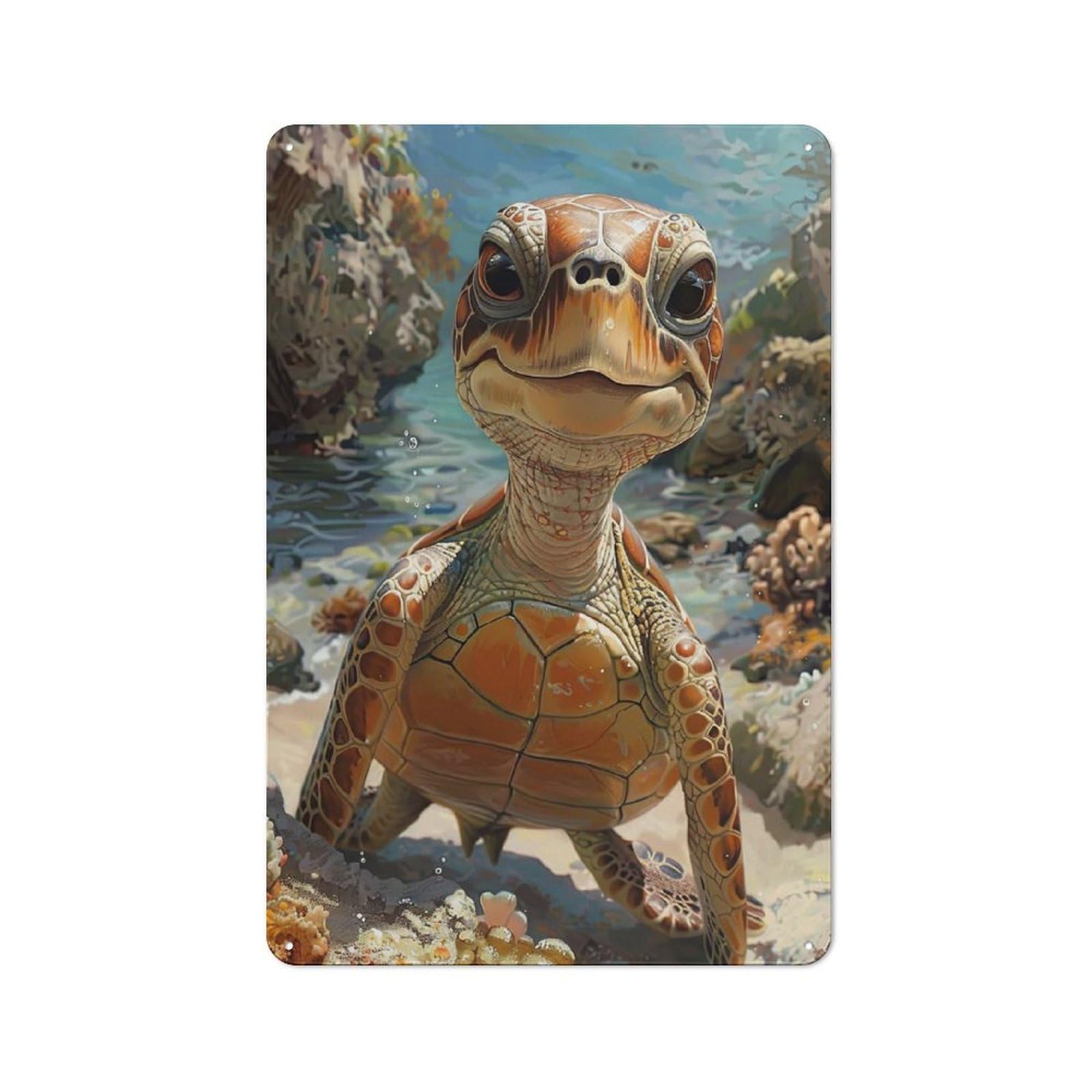 Cute Sea Turtle Portrait Metal Wall Sign 30x20cm, Rustic Classic Pub Decor for Cafe, Pub, Workshop Or Home Bar