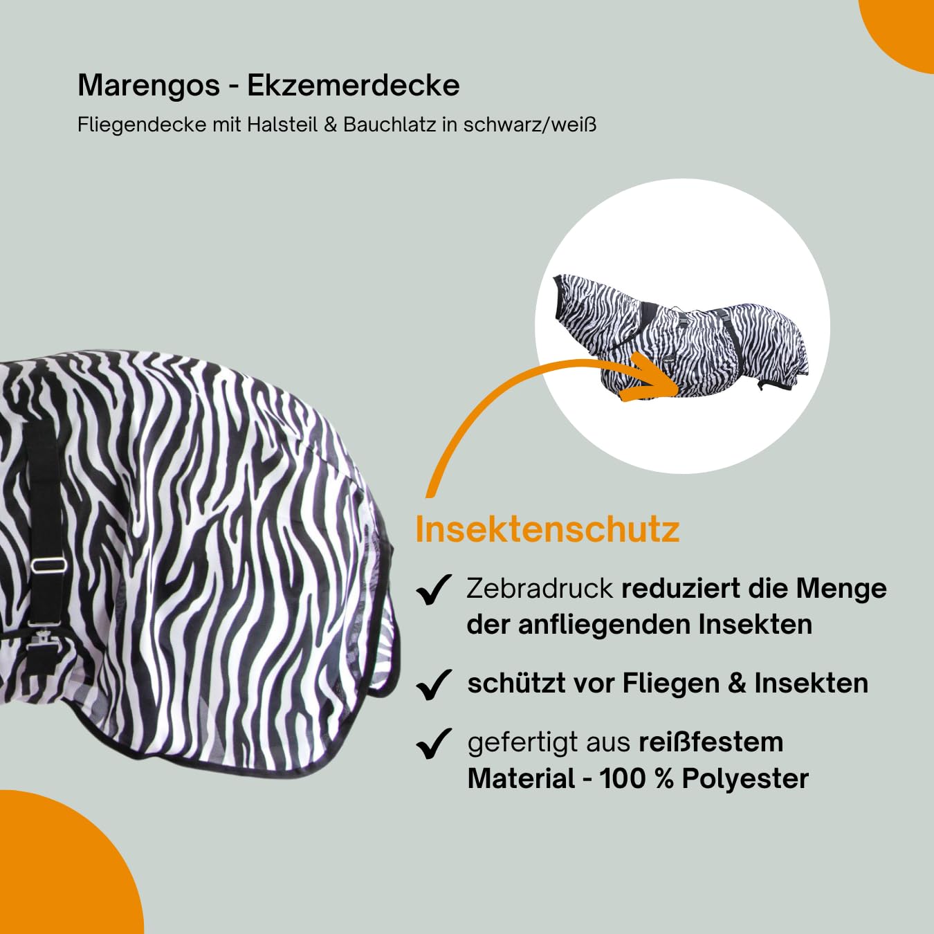 Marengos - reißfeste Zebra Fliegendecke mit Halsteil & Bauchlatz – robuste & atmungsaktive Ekzemerdecke – Schutz vor Insekten – Outdoor-Pferdedecke – 125cm | Decke für Pferde mit Halsteil & Bauchlatz – robuste, atmungsaktive Ekzemerdecke – Schutz vor Inse