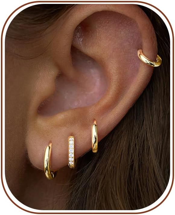 Poxtex Small Gold Huggie Hoop Earrings Set for Women Men - Hypoallergenic 14K Gold Plated Stack Cartilage Earring, Earrings Sets for Multiple Piercing Lightweight Mini Thin Cute Dainty Trendy Clip On