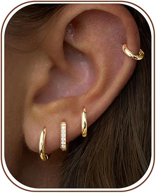 Small Gold Huggie Hoop Earrings Set for Women Men Hypoallergenic 14K Plated Stack Cartilage Earrings, Sterling Silver Multiple Piercing Lightweight Mini Thin Cute Dainty Trendy Jewelry Gifts for Women