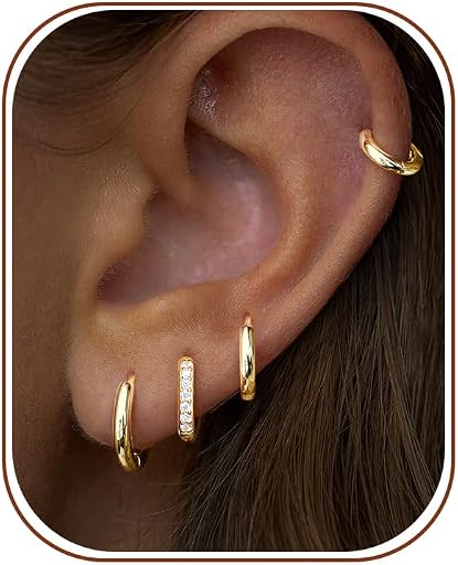 Poxtex Small Gold Huggie Hoop Earrings Set for Women Men Hypoallergenic 14K Plated Stack Cartilage Earrings, Sterling Silver Multiple Piercing Lightweight Mini Thin Cute Dainty Trendy Jewelry Gifts for Women
