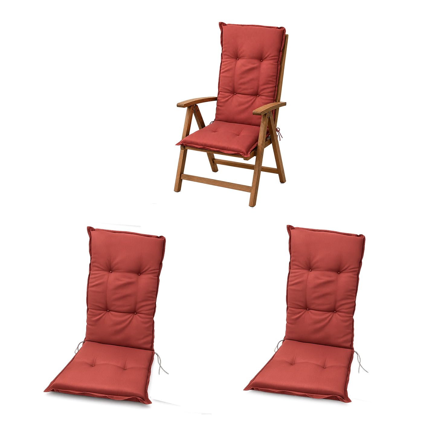 BURI 2 x High-Backed Chair Cushion 117 x 49 x 6 cm - Weatherproof Garden Chair Cushion with Foam Core & Full Fleece, Retaining Strap & Ties Comfortable Chair Cushion for Balcony, Patio and Garden (Red